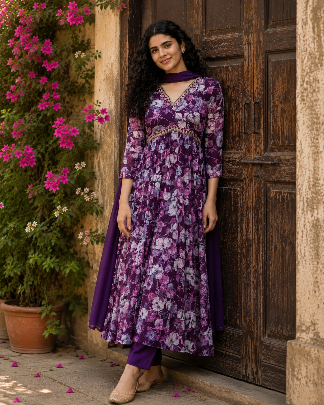 Purple Floral Printed Anarkali Kurta Set with Dupatta