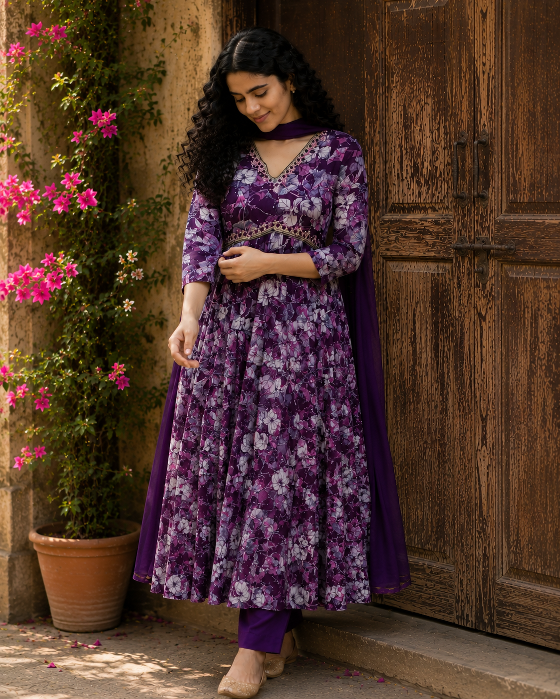 Purple Floral Printed Anarkali Kurta Set with Dupatta