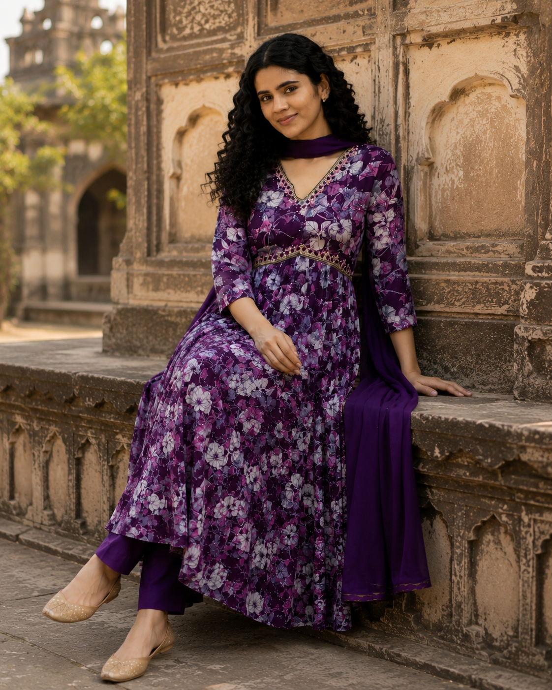 Purple Floral Printed Anarkali Kurta Set with Dupatta