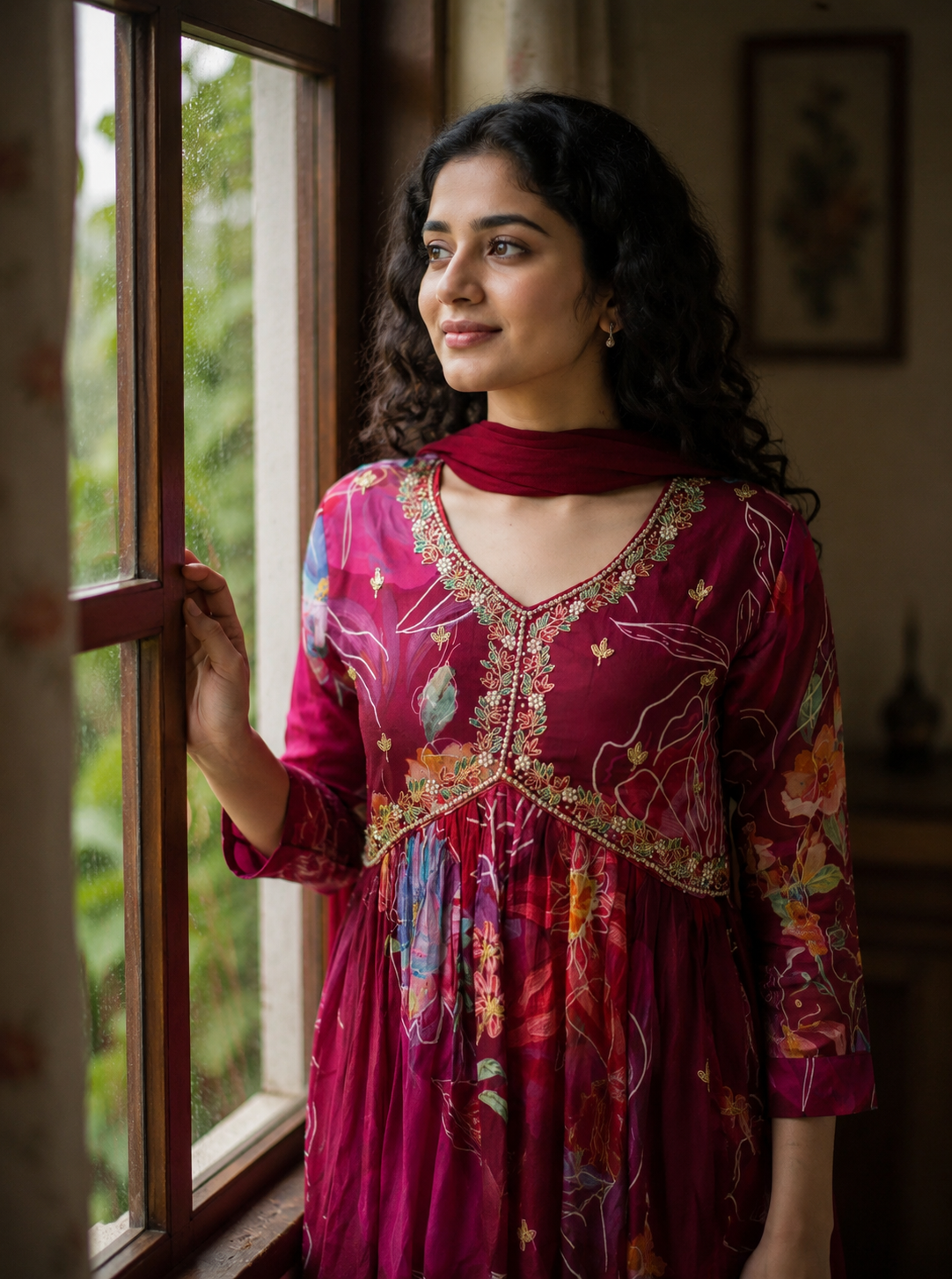 Wine Floral Printed Embroidered Georgette Anarkali Gown Set