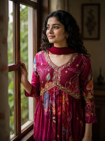 Wine Floral Printed Embroidered Georgette Anarkali Gown Set