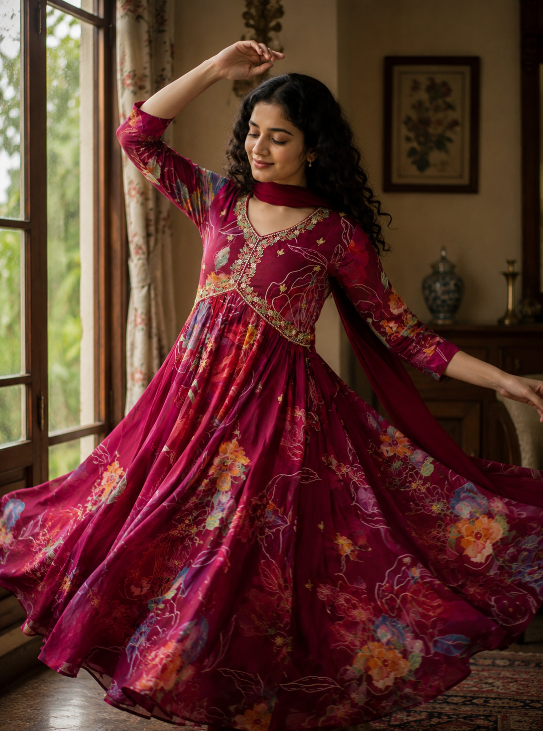 Wine Floral Printed Embroidered Georgette Anarkali Gown Set