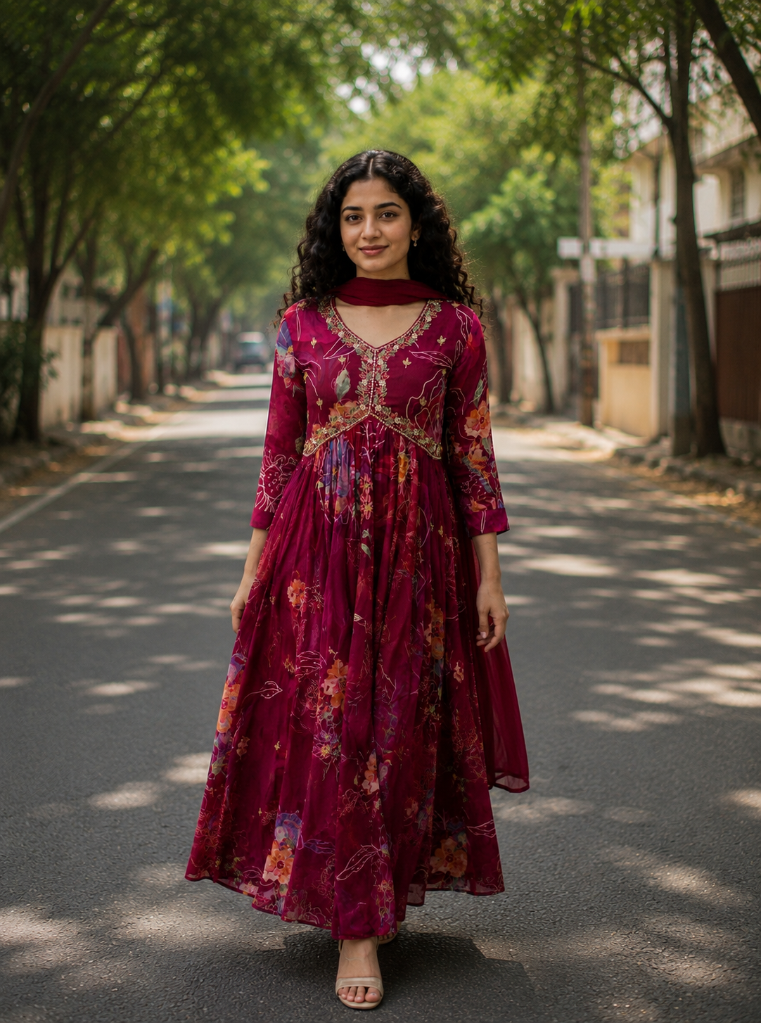 Wine Floral Printed Embroidered Georgette Anarkali Gown Set