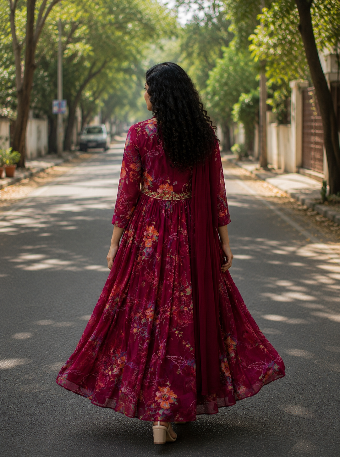 Wine Floral Printed Embroidered Georgette Anarkali Gown Set