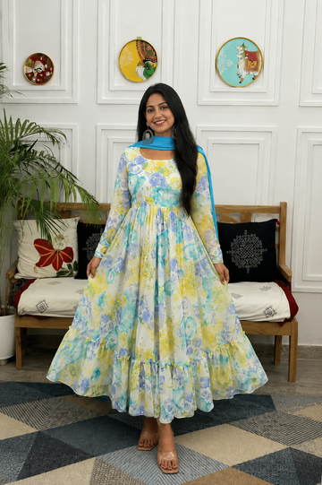 Pastel Bloom Floral Anarkali Suit Set with Dupatta