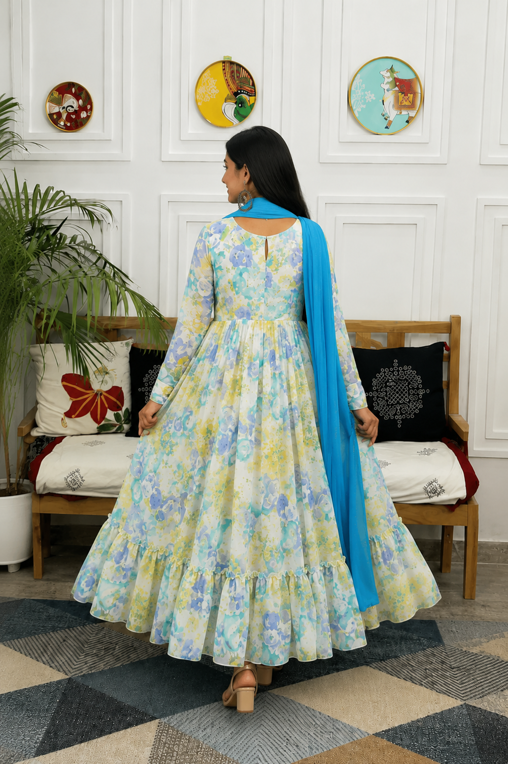 Pastel Bloom Floral Anarkali Suit Set with Dupatta