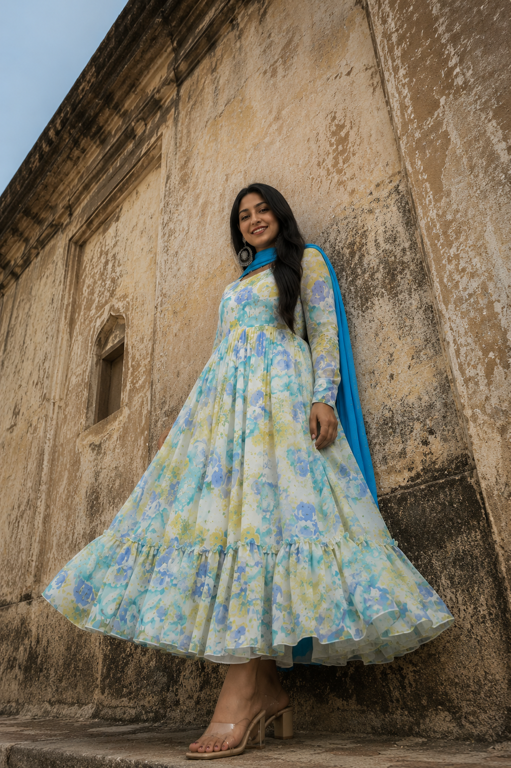 Pastel Bloom Floral Anarkali Suit Set with Dupatta