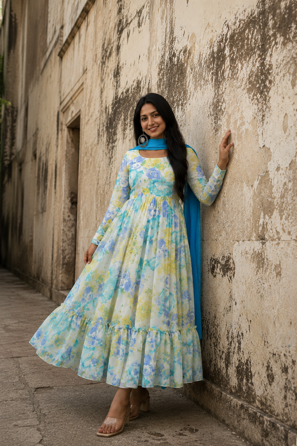 Pastel Bloom Floral Anarkali Suit Set with Dupatta