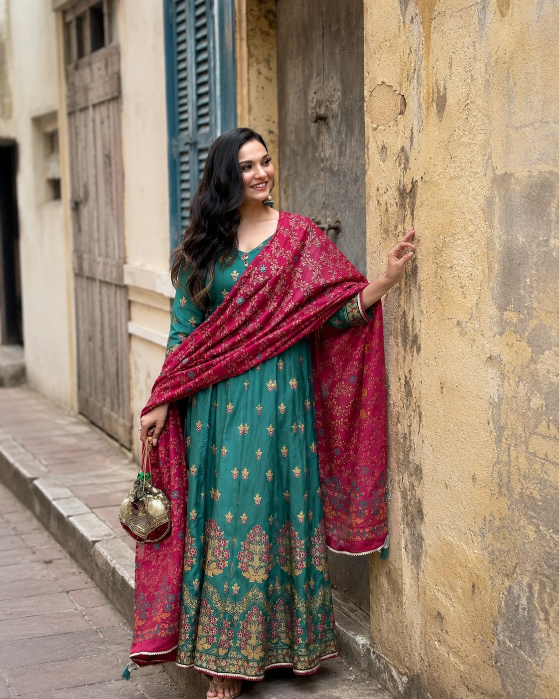 Teal Blue Floral Printed Chinon Anarkali Gown Set with Pink Dupatta
