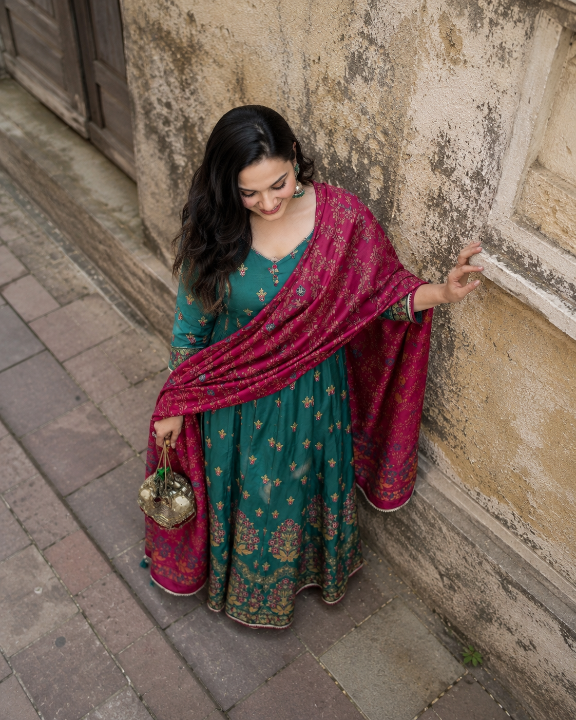 Teal Blue Floral Printed Chinon Anarkali Gown Set with Pink Dupatta