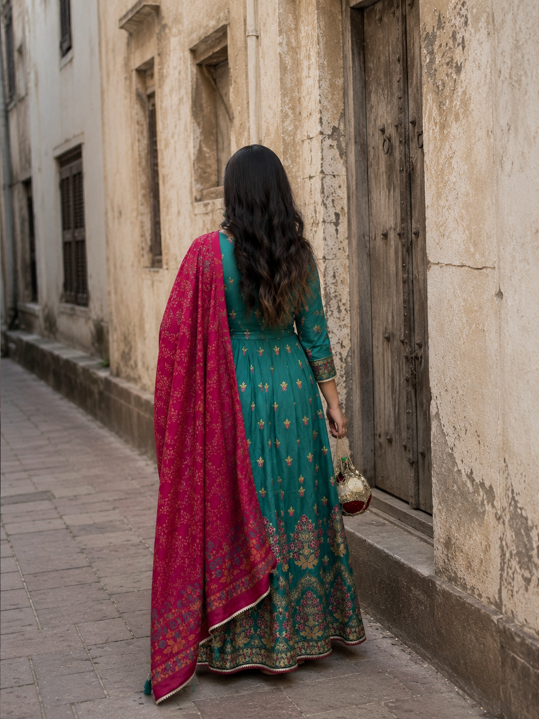 Teal Blue Floral Printed Chinon Anarkali Gown Set with Pink Dupatta