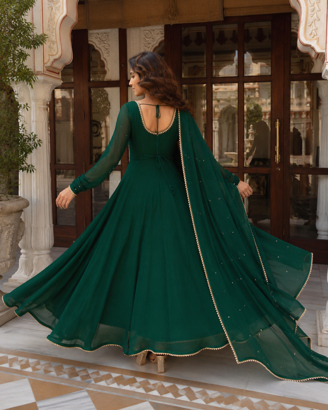 Emerald Green Georgette Anarkali Suit Set with Dupatta