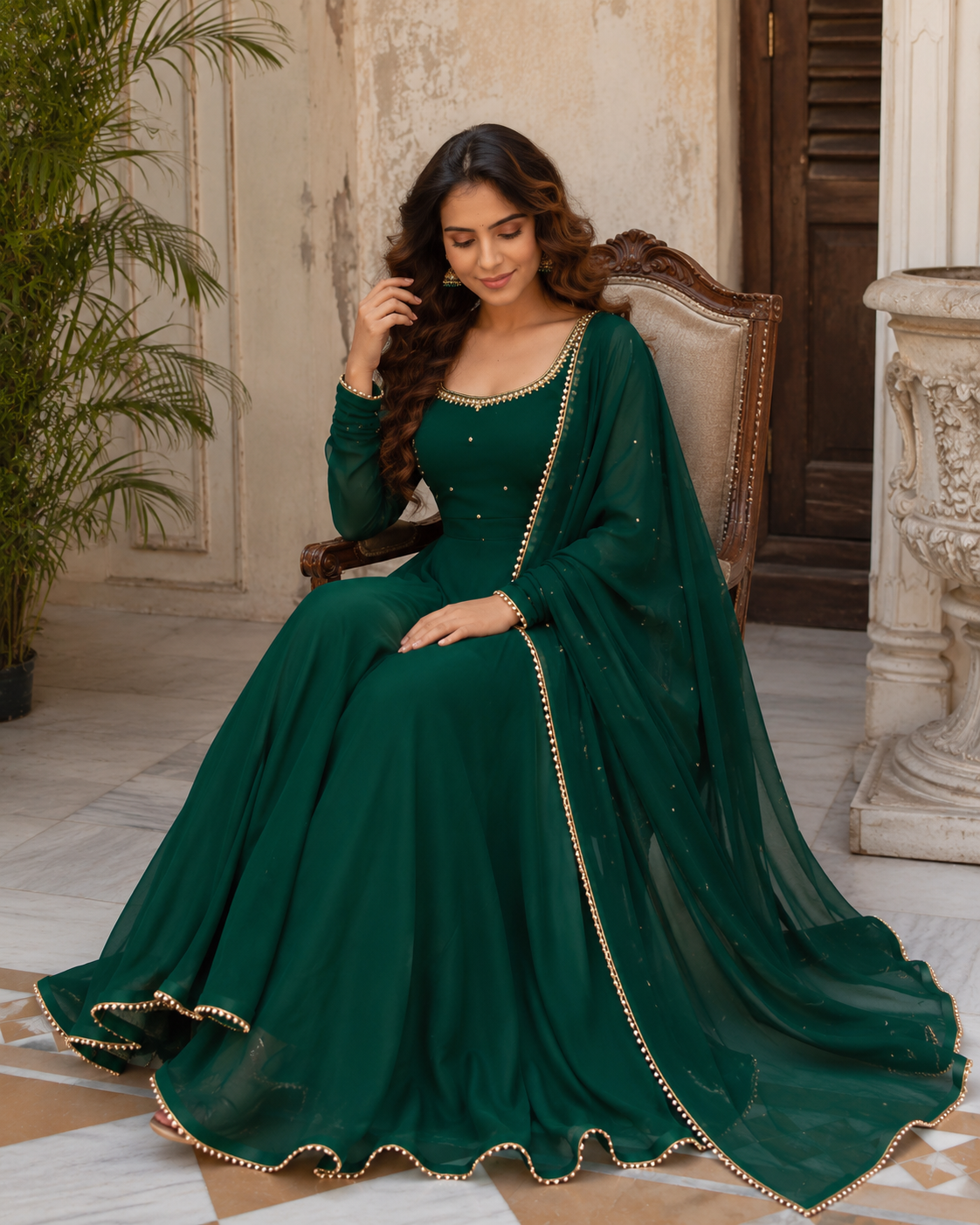 Emerald Green Georgette Anarkali Suit Set with Dupatta
