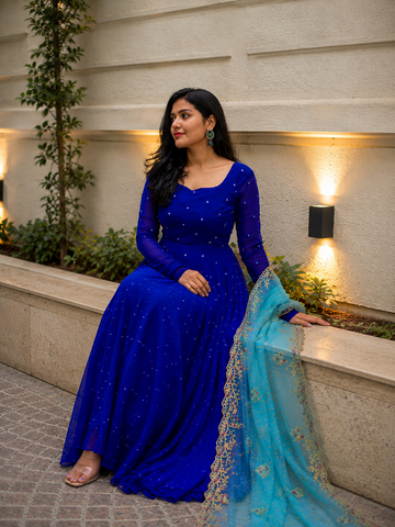 Royal Sapphire Embellished Anarkali Gown Set
