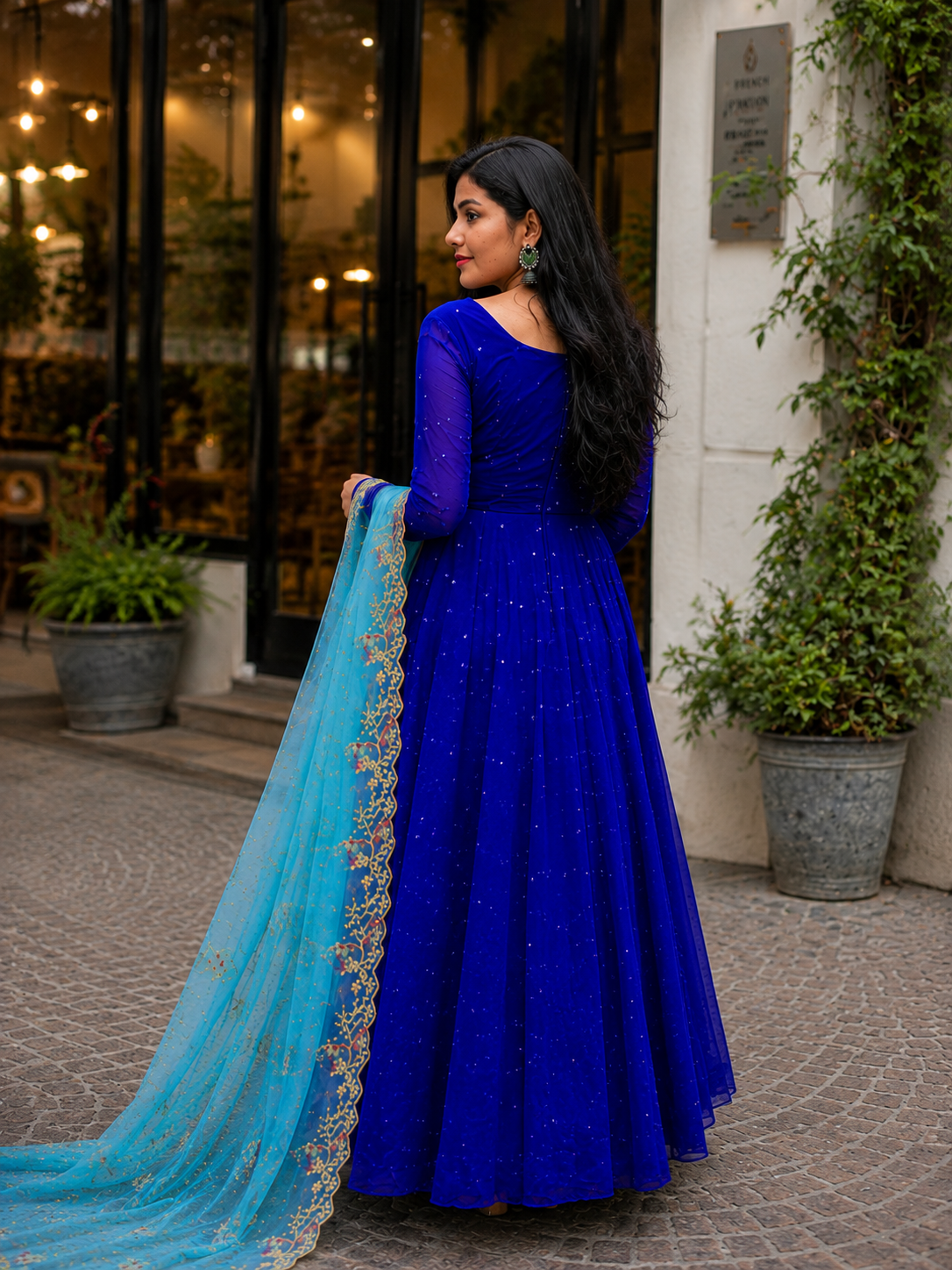 Royal Sapphire Embellished Anarkali Gown Set