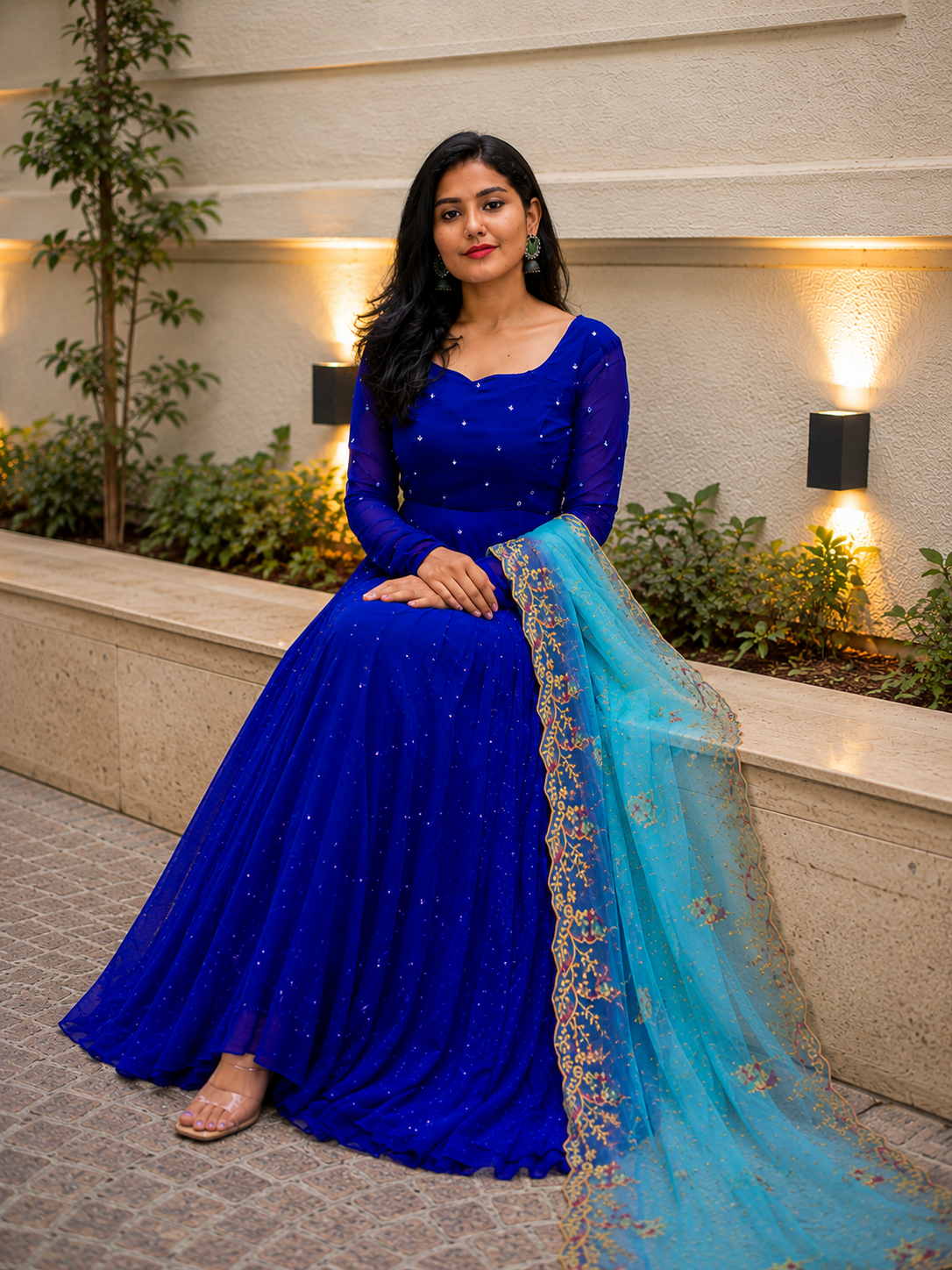 Royal Sapphire Embellished Anarkali Gown Set