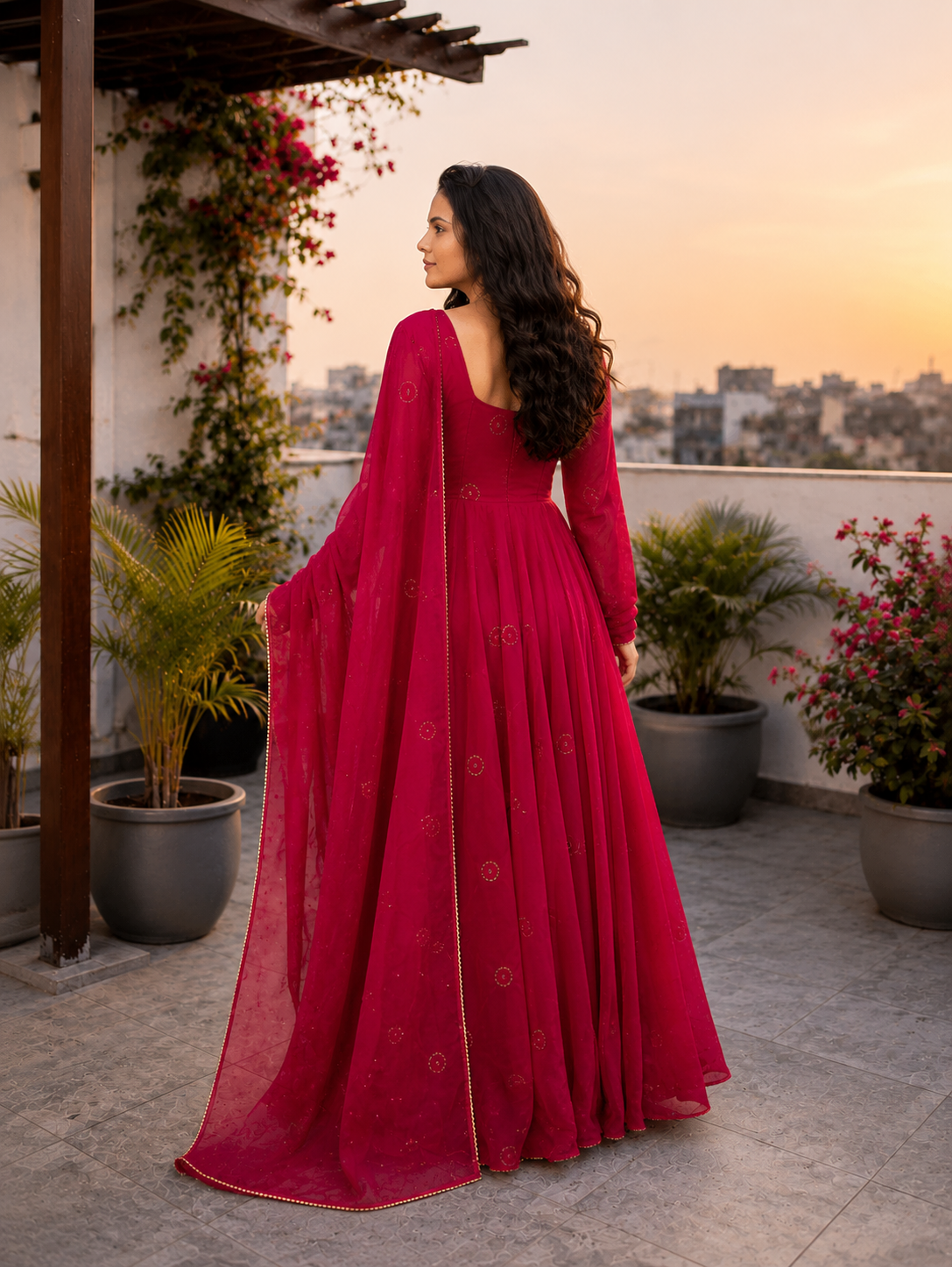 Fuchsia Pink Embroidered Anarkali Suit Set with Dupatta