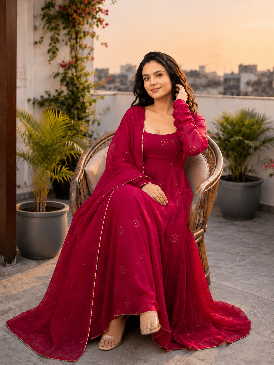 Fuchsia Pink Embroidered Anarkali Suit Set with Dupatta