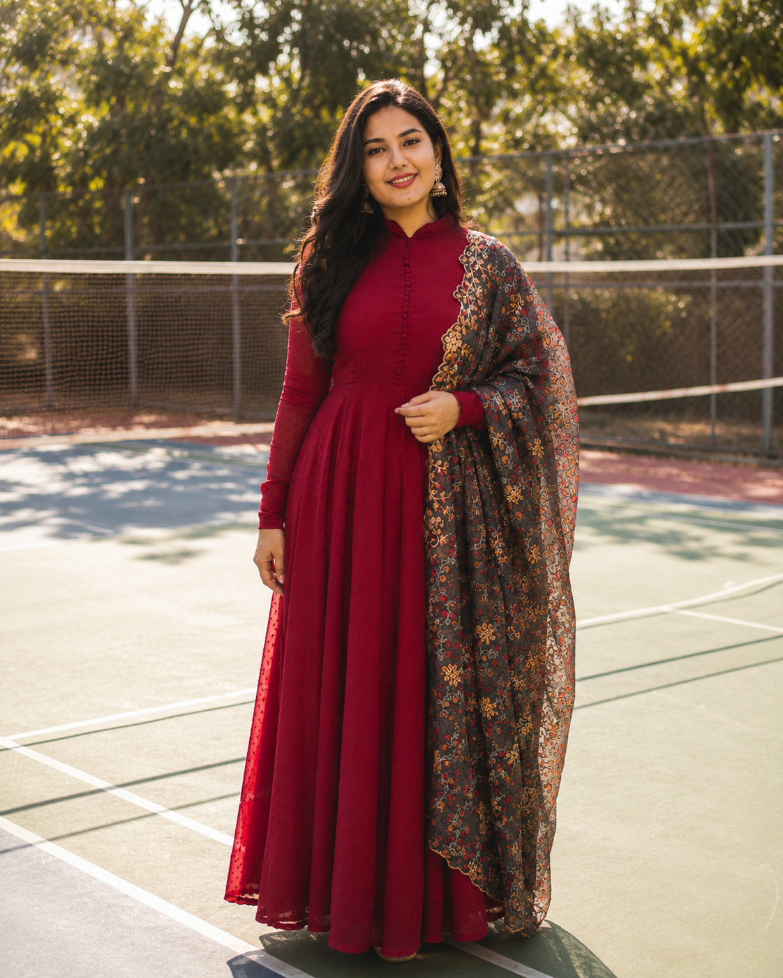 Elegant Wine Red Anarkali Gown Set with Printed Organza Dupatta