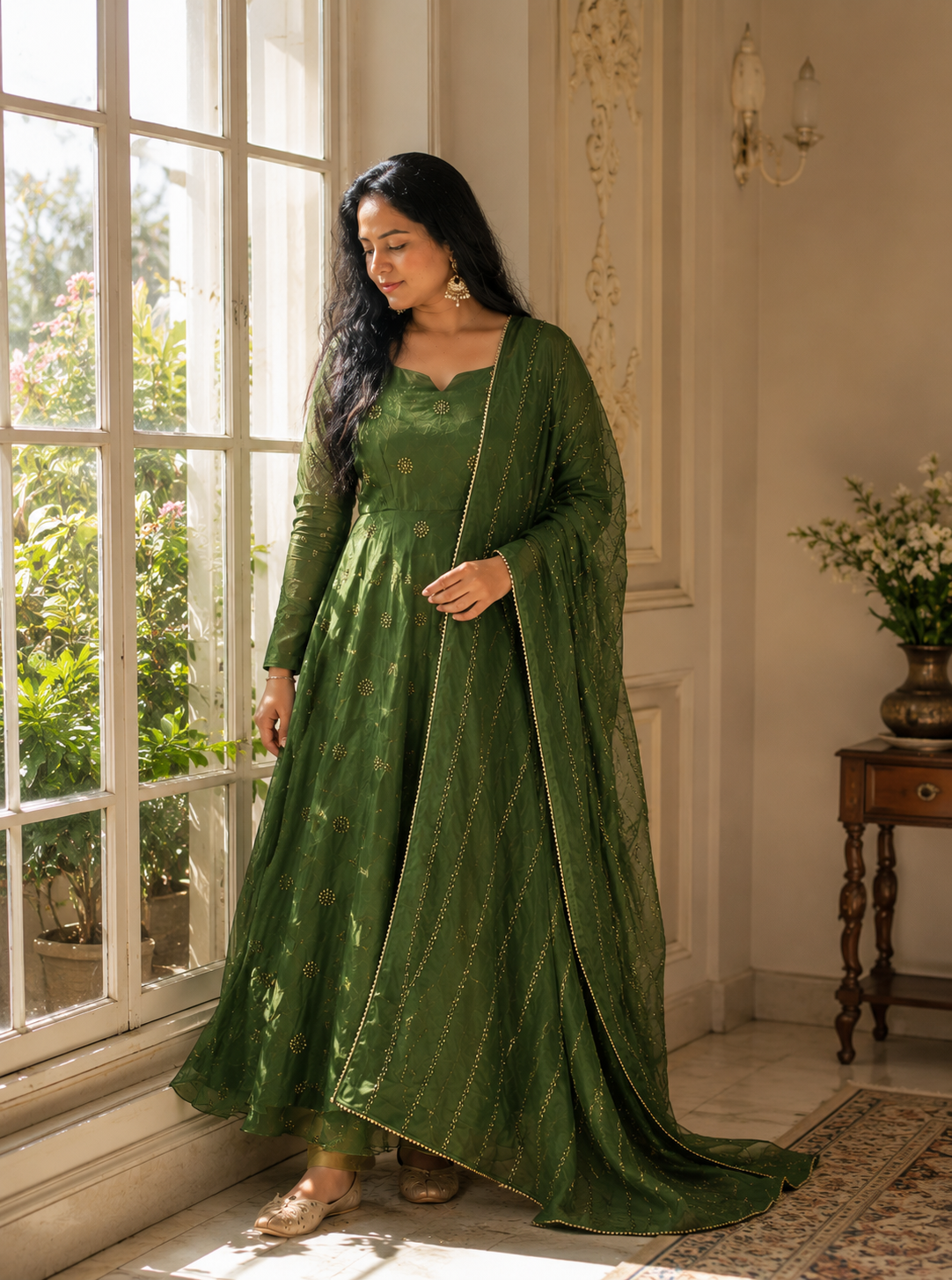 Emerald Green Embroidered Anarkali Suit Set with Dupatta