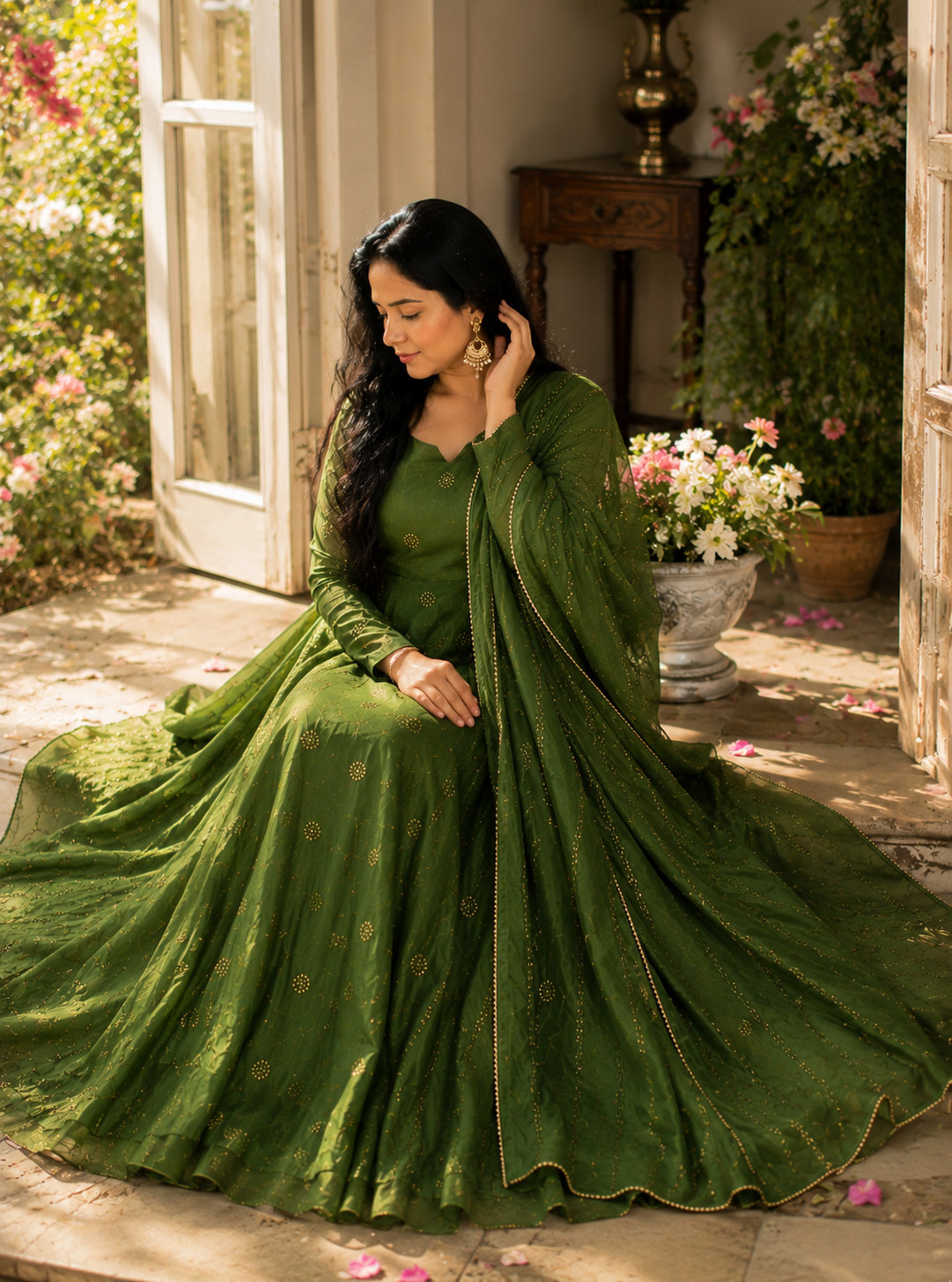 Emerald Green Embroidered Anarkali Suit Set with Dupatta