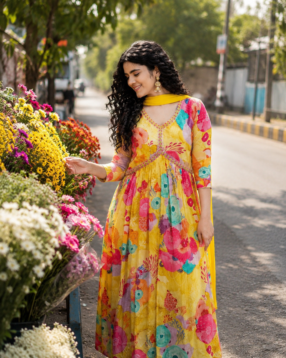 Sunshine Bloom Printed Anarkali Kurta Set with Dupatta