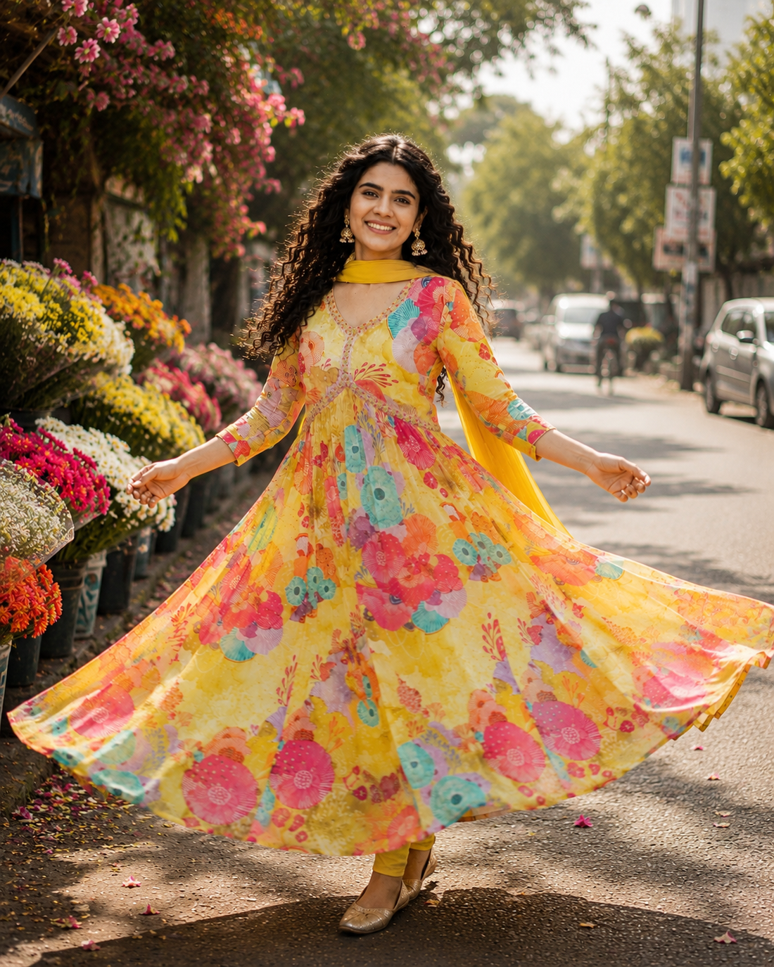 Sunshine Bloom Printed Anarkali Kurta Set with Dupatta