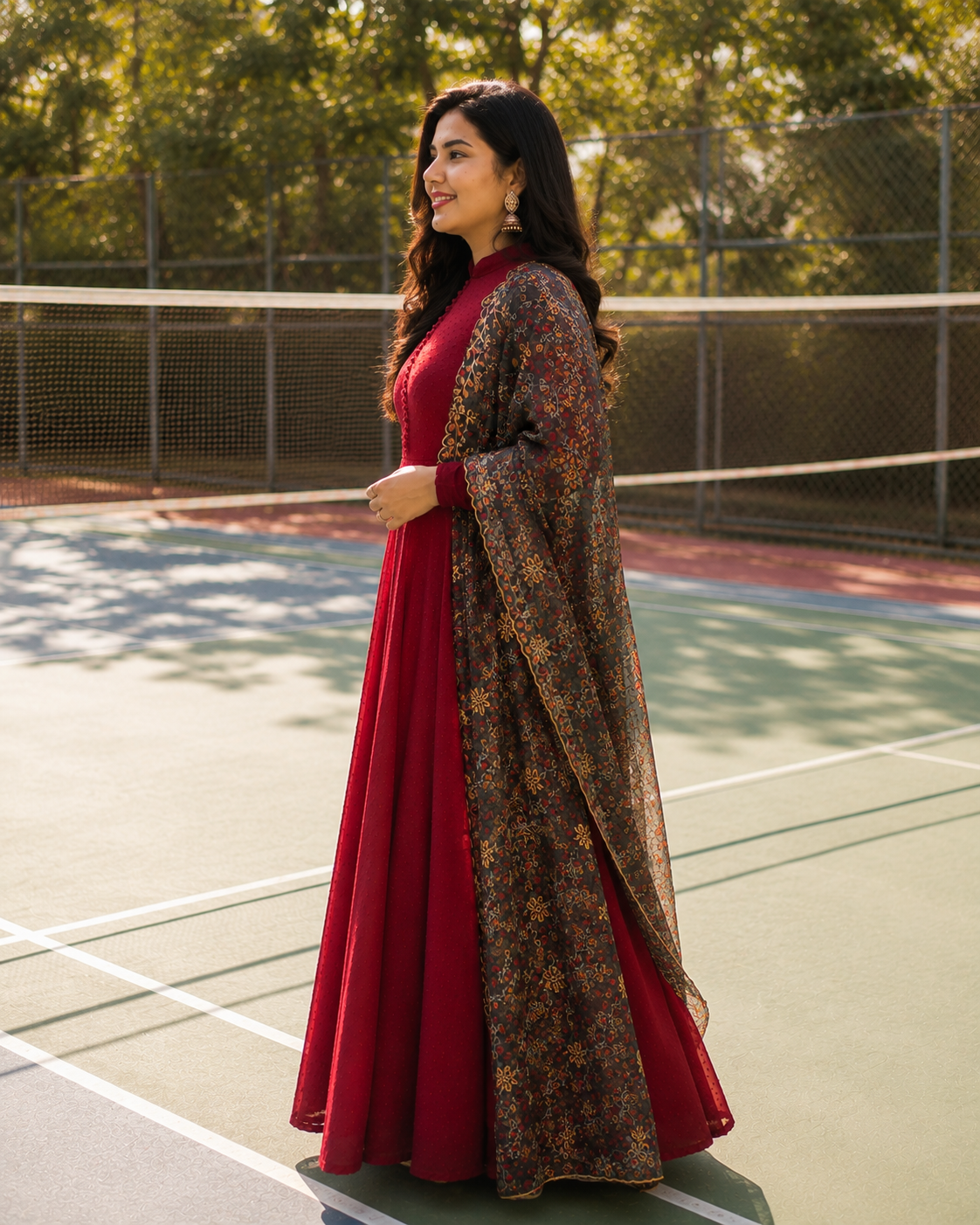 Elegant Wine Red Anarkali Gown Set with Printed Organza Dupatta