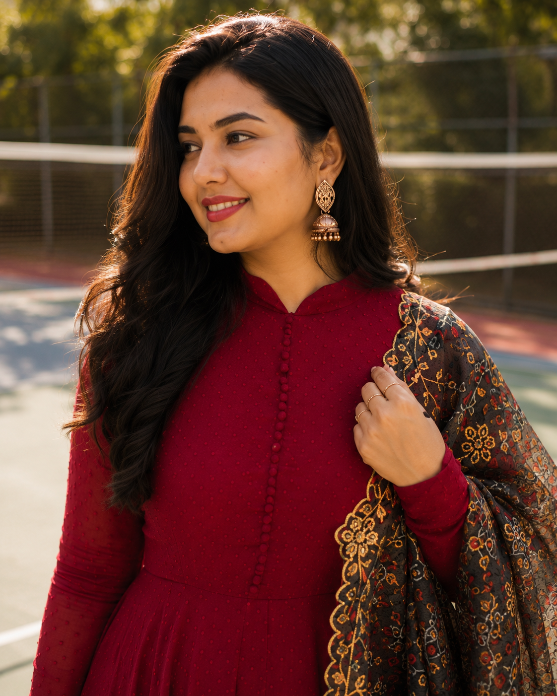 Elegant Wine Red Anarkali Gown Set with Printed Organza Dupatta