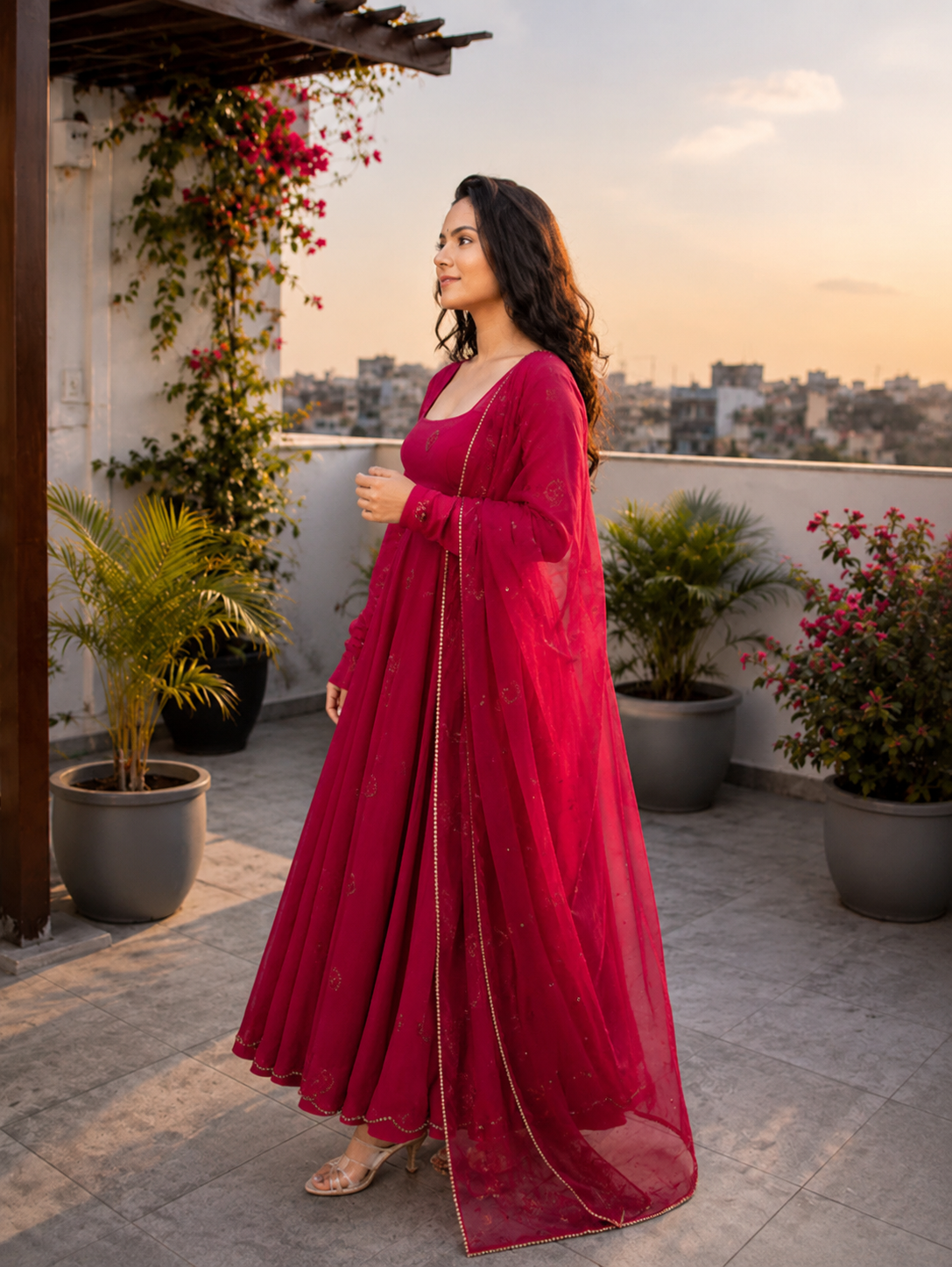 Fuchsia Pink Embroidered Anarkali Suit Set with Dupatta