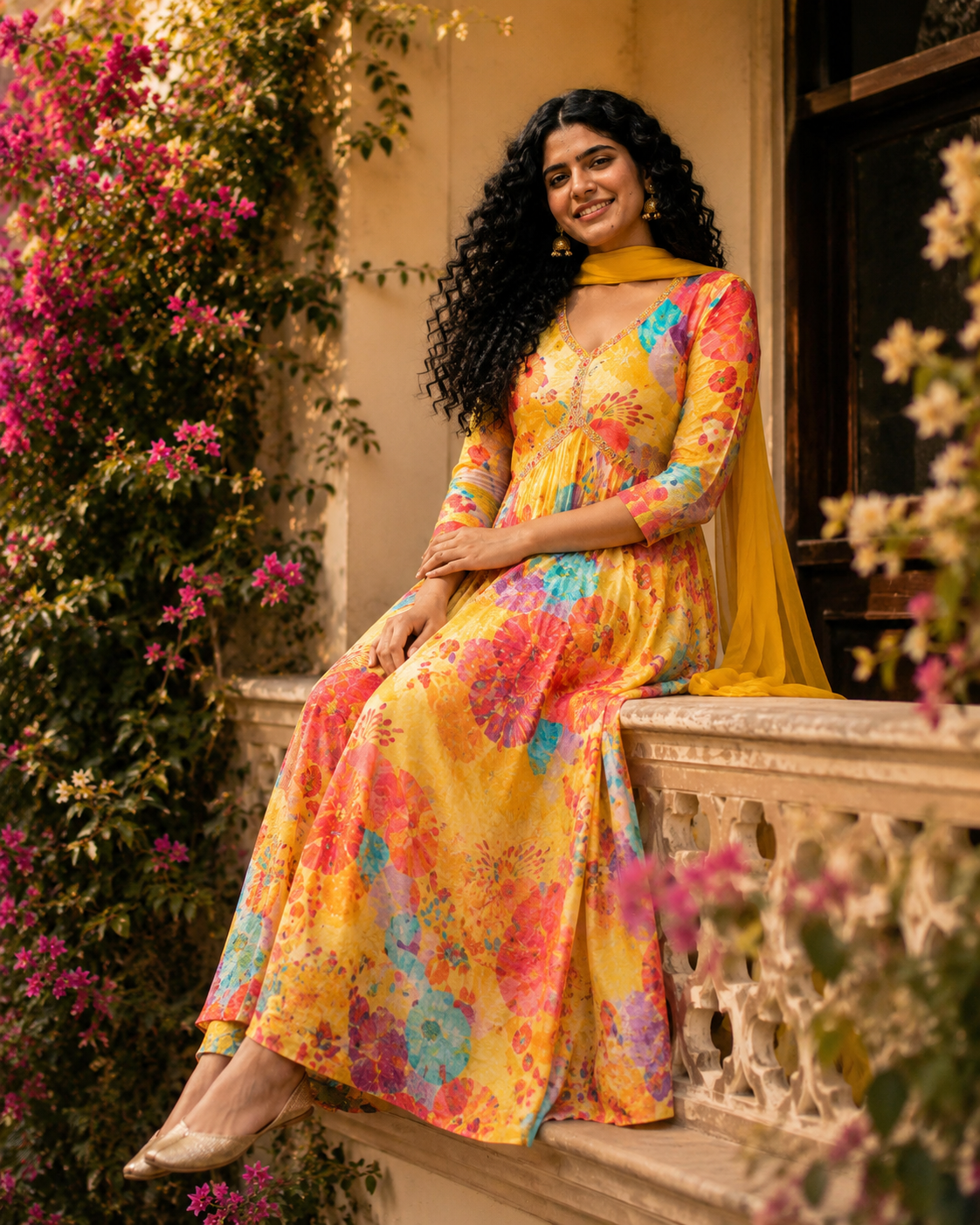 Sunshine Bloom Printed Anarkali Kurta Set with Dupatta