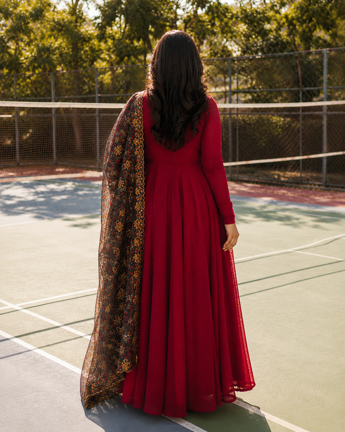 Elegant Wine Red Anarkali Gown Set with Printed Organza Dupatta