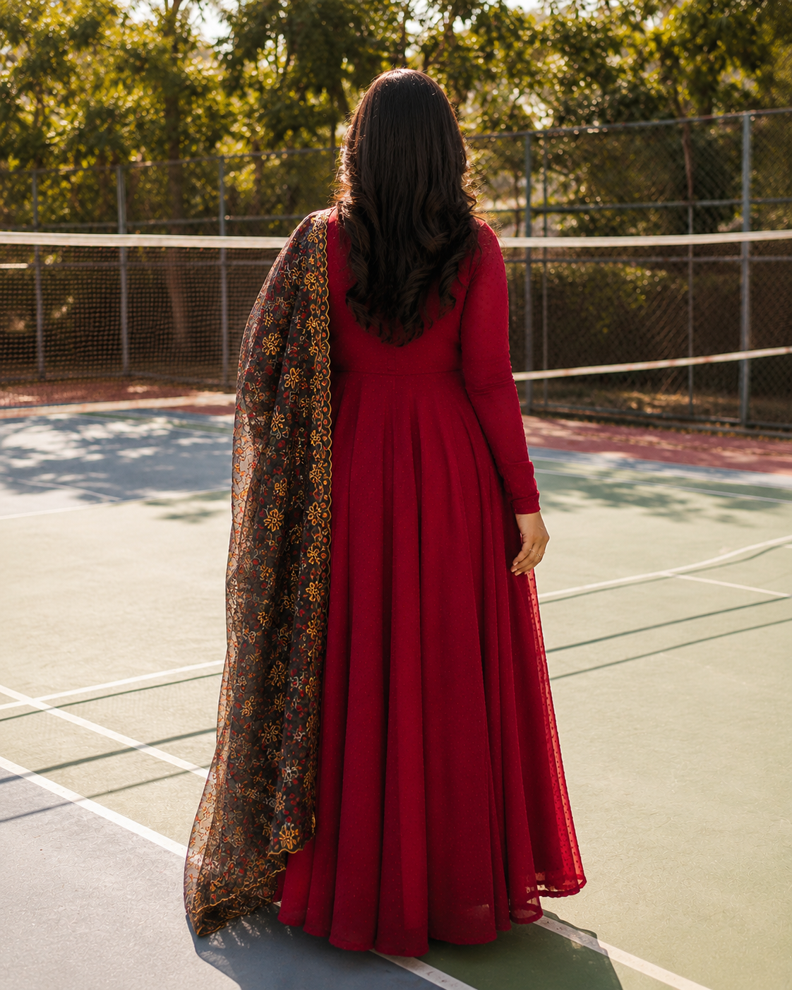 Elegant Wine Red Anarkali Gown Set with Printed Organza Dupatta