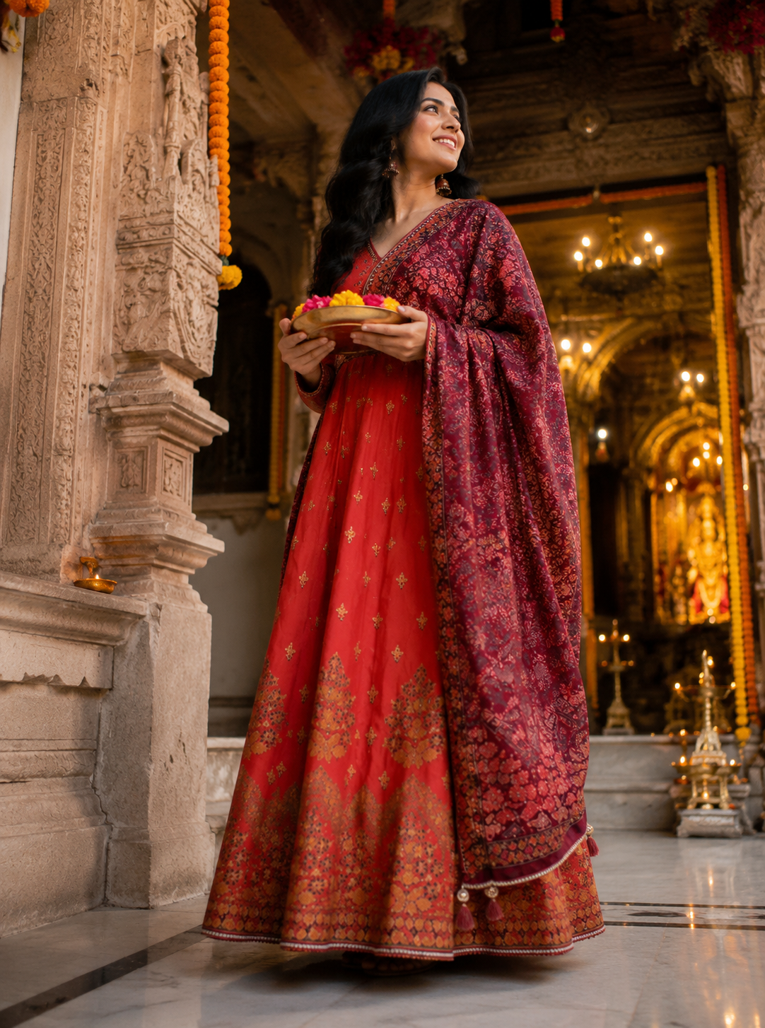 Royal Coral Festive Anarkali Suit Set with Printed Dupatta