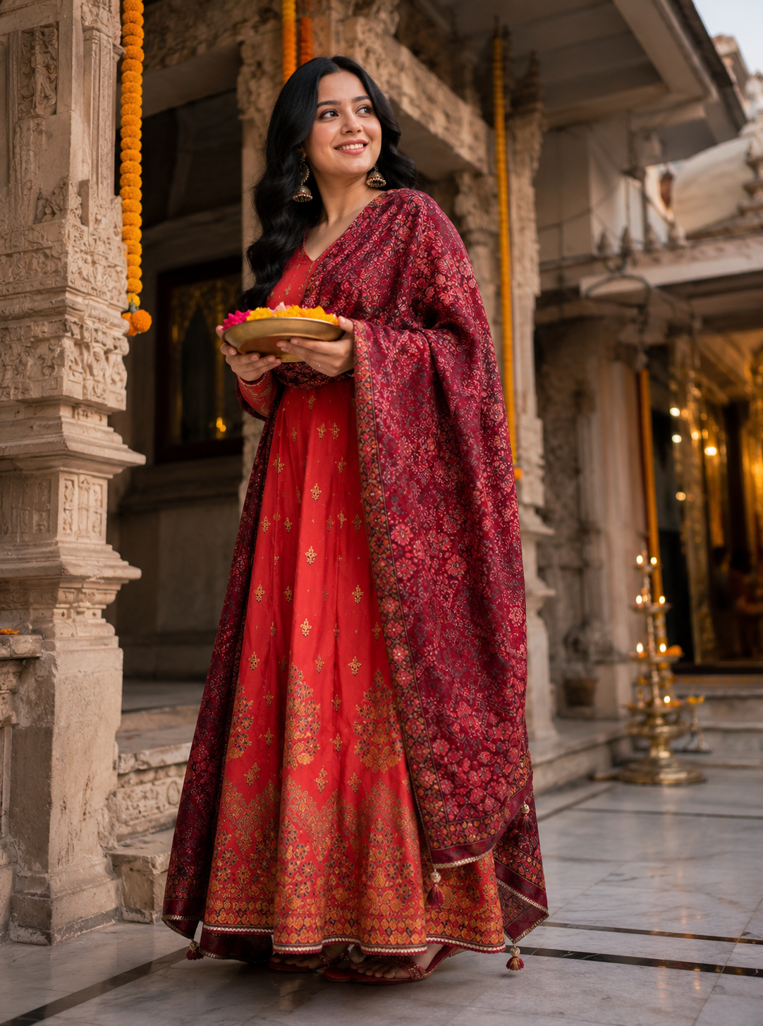Royal Coral Festive Anarkali Suit Set with Printed Dupatta