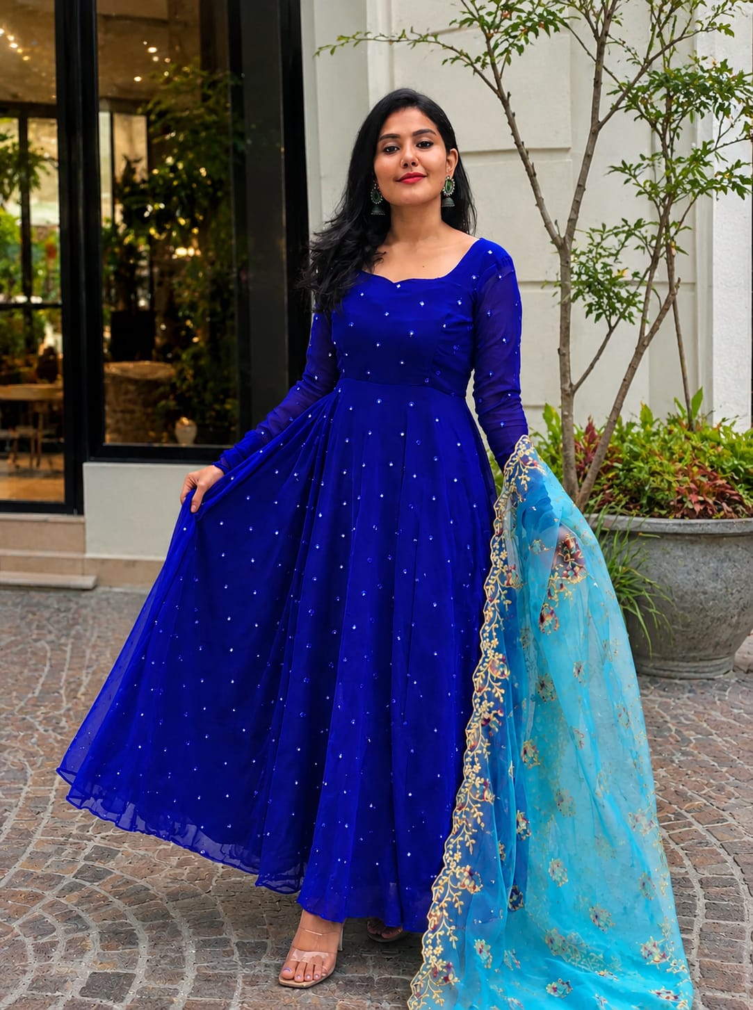 Royal Sapphire Embellished Anarkali Gown Set