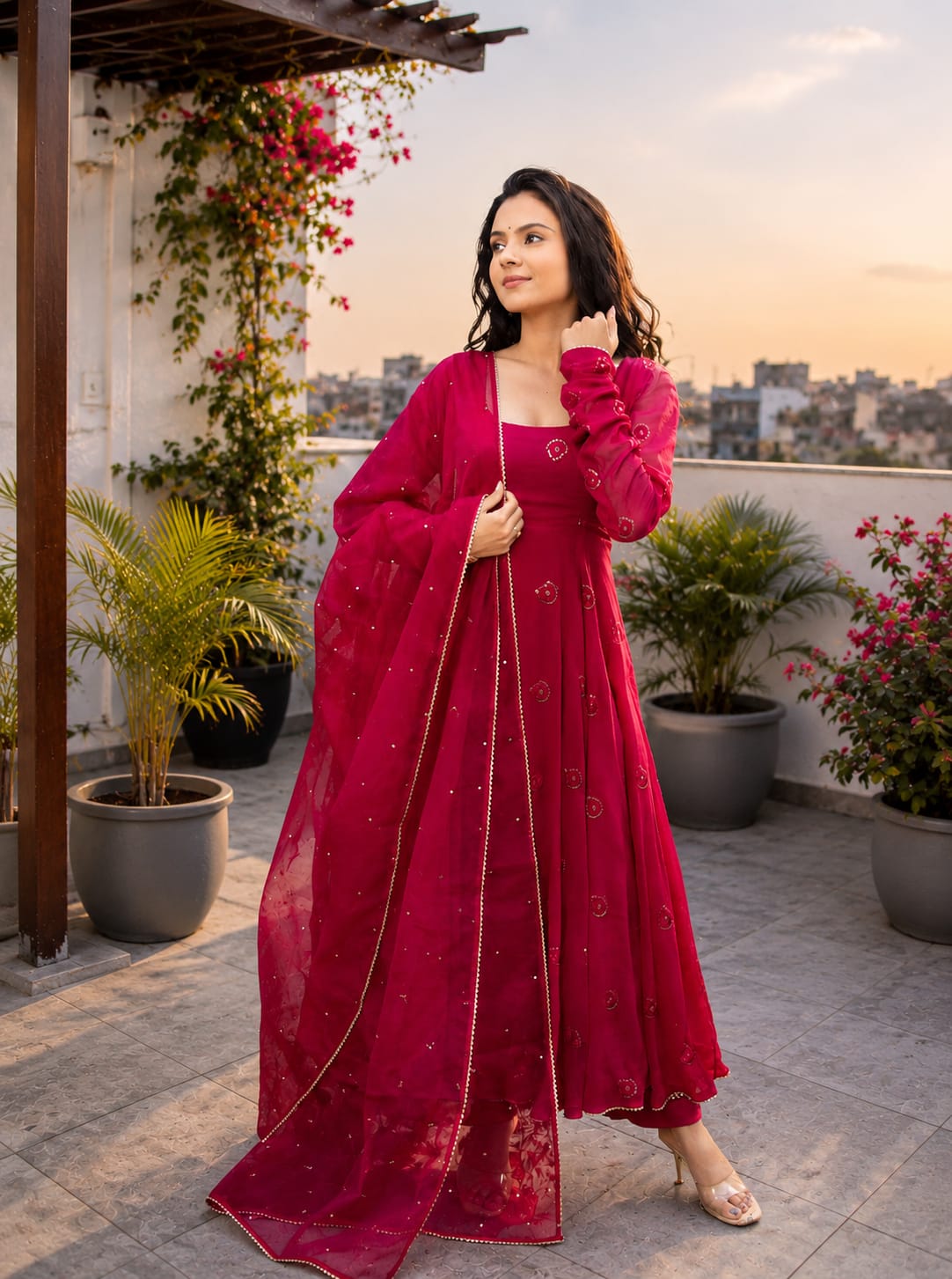 Fuchsia Pink Embroidered Anarkali Suit Set with Dupatta