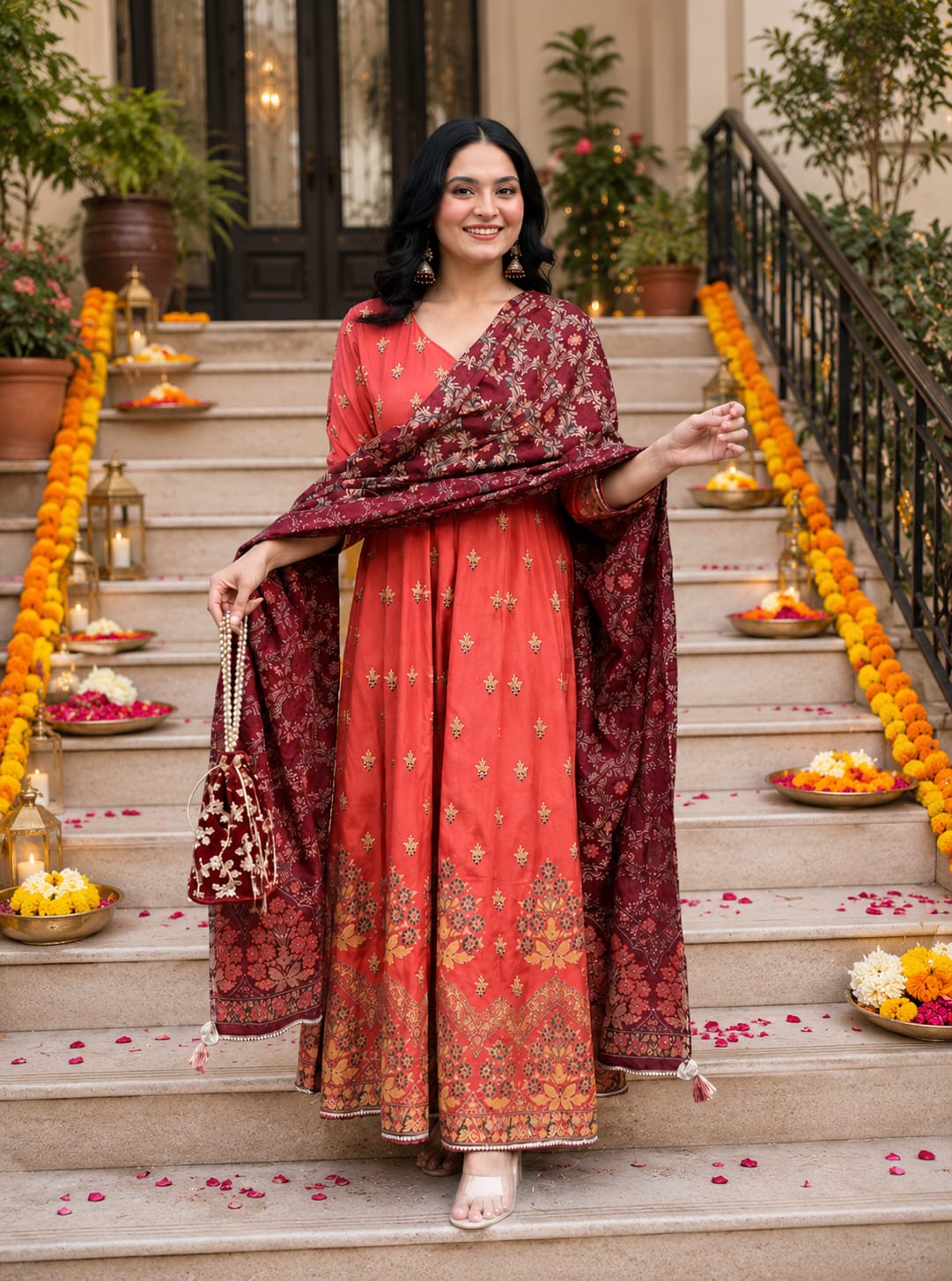 Royal Coral Festive Anarkali Suit Set with Printed Dupatta