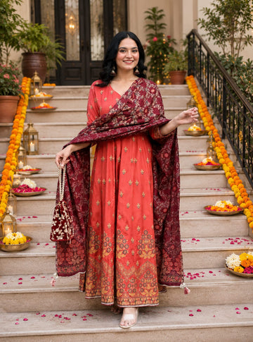 Royal Coral Festive Anarkali Suit Set with Printed Dupatta