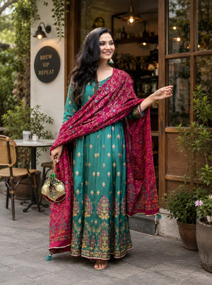 Teal Blue Floral Printed Chinon Anarkali Gown Set with Pink Dupatta