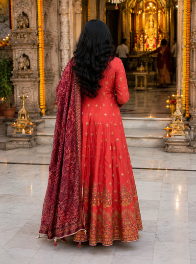 Royal Coral Festive Anarkali Suit Set with Printed Dupatta