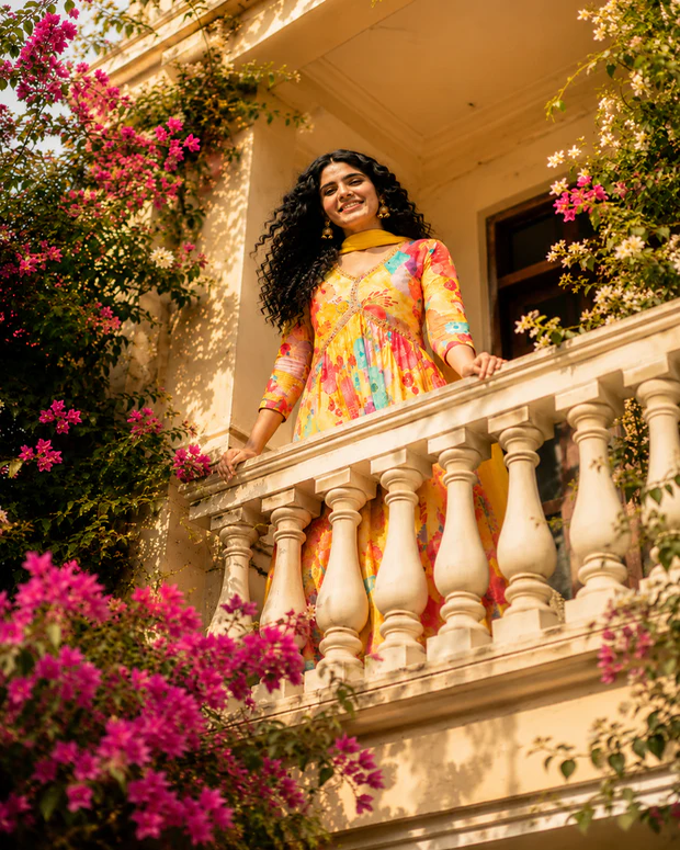 Sunshine Bloom Printed Anarkali Kurta Set with Dupatta
