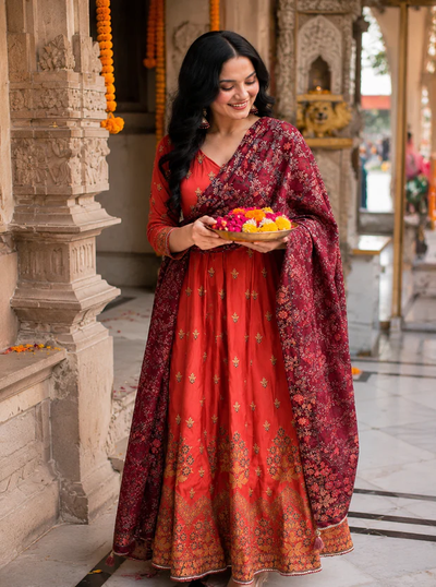 Royal Coral Festive Anarkali Suit Set with Printed Dupatta