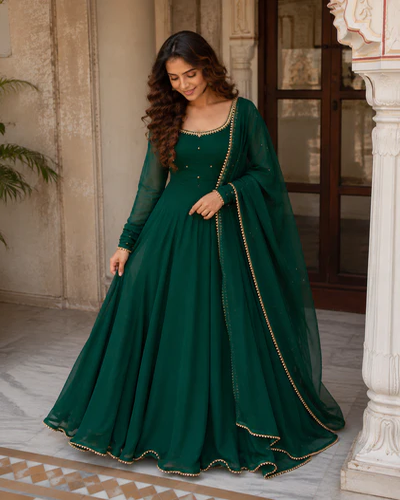 Emerald Green Georgette Anarkali Suit Set with Dupatta