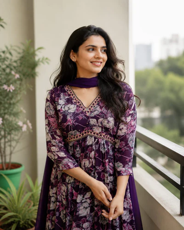 Purple Floral Printed Anarkali Kurta Set with Dupatta